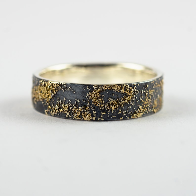 Gold Chaos Rustic Men's Wedding Ring in 18kt Gold and Oxidized Sterling Silver image 2