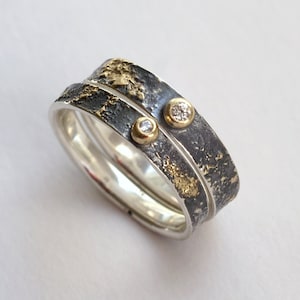 Gold Chaos Tiny Diamond, Oxidized Silver and 18kt Gold Alternative Rustic Engagement Ring image 7