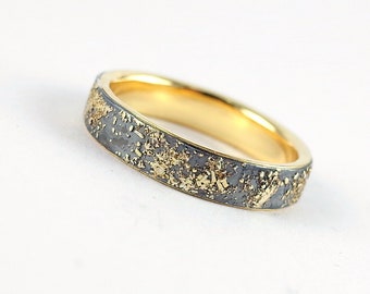 Gold Chaos with Gold Lining 4mm Wide - Wedding Band for Women or Men, 18k Gold and Sterling Silver