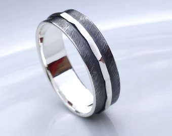 Textured Ring - Oxidized Sterling Silver Black Contrast Band, Alternative Wedding Ring