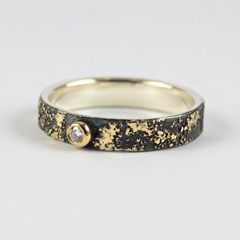 Gold Chaos Tiny Diamond, Oxidized Silver and 18kt Gold Alternative Rustic Engagement Ring image 4