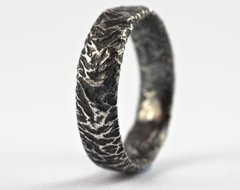 Rustic Wide Men's Wedding Band - Oxidized Sterling Silver Ring, Comfort Fit