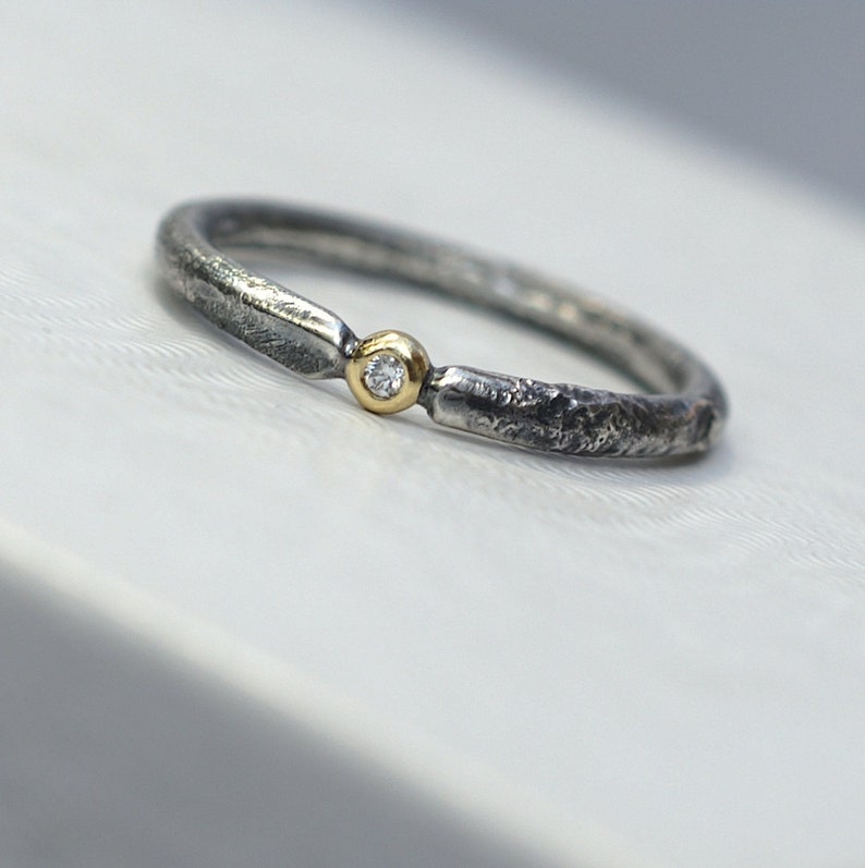 Rustic Diamond Unique Engagement Ring with Small Diamond, Sterling Silver and 18k Gold, Conflict Free image 4