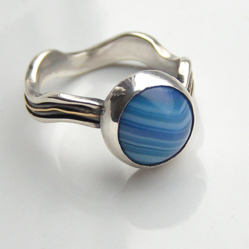 River Ring Sterling Silver and 18ct Yellow Gold Unique Ring with Blue Agate
