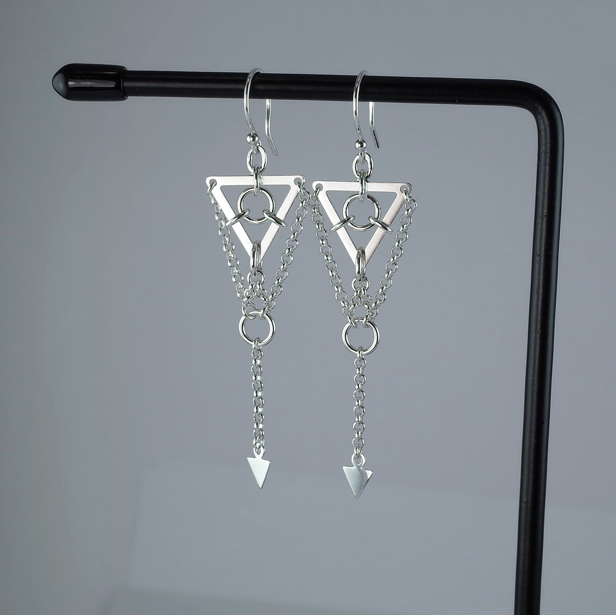 Circles & Triangles - Sterling Silver Geometric Earrings, Long Spiky