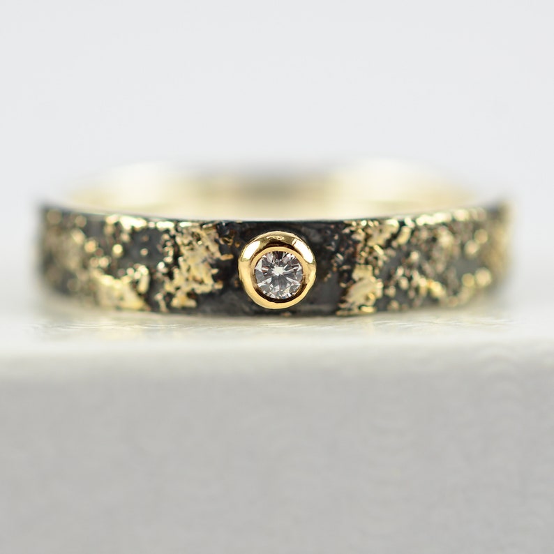 Gold Chaos Tiny Diamond, Oxidized Silver and 18kt Gold Alternative Rustic Engagement Ring image 3