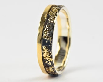 Gold Chaos with Gold Edge - Sterling Silver and 18k Gold Wedding Band