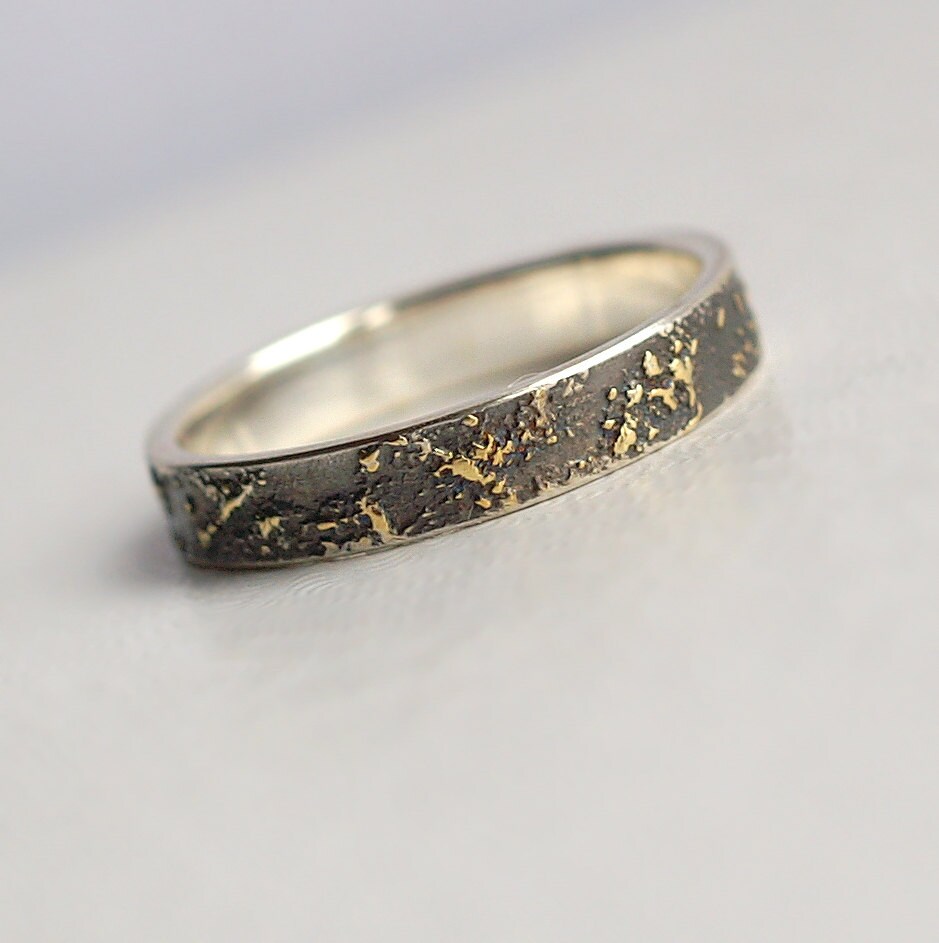 Gold Chaos 4mm Wide - Unique Wedding Band for Her or Him, 18k Gold and Sterling Silver