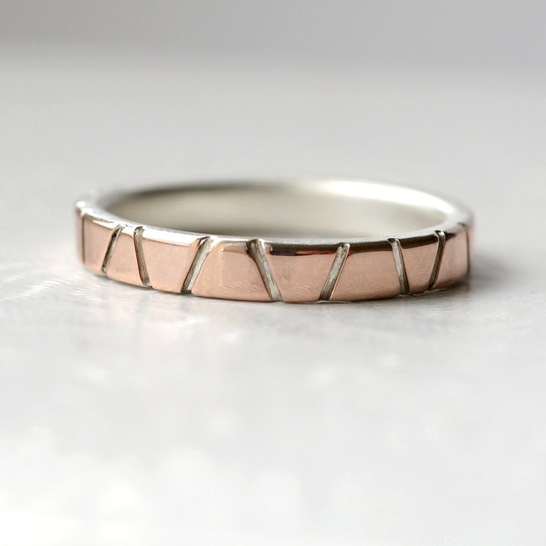 Lines in Rose Gold Sterling Silver and 14k Rose Gold Wedding Band, Modern and Unique image 2