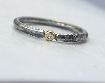 Rustic Diamond - Unique Engagement Ring with Small Diamond, Sterling Silver and 18k Gold, Conflict Free