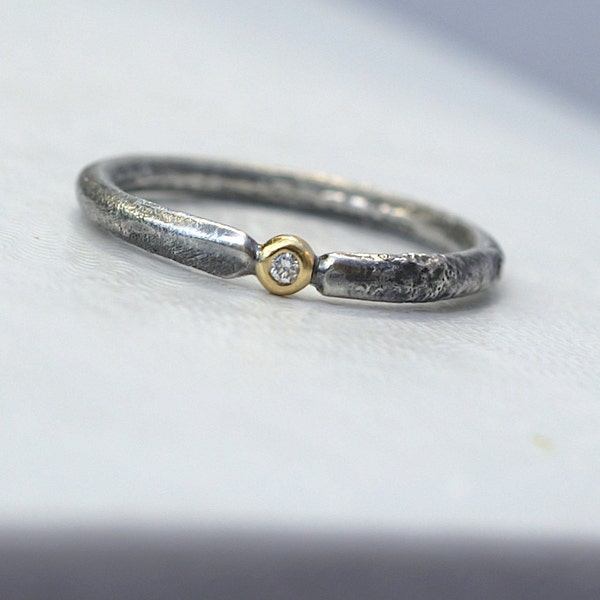Rustic Diamond - Unique Engagement Ring with Small Diamond, Sterling Silver and 18k Gold, Conflict Free