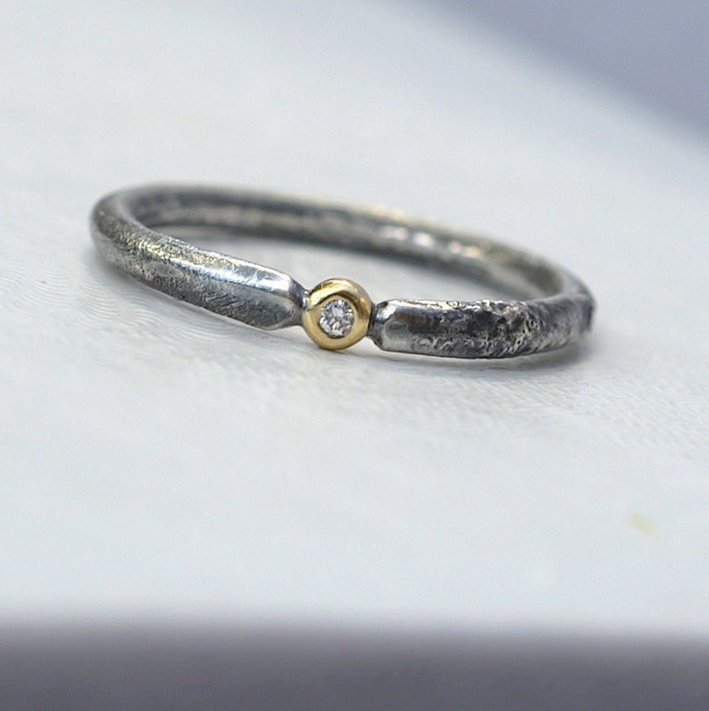 Rustic Diamond Unique Engagement Ring with Small Diamond, Sterling Silver and 18k Gold, Conflict Free image 1