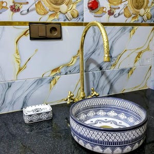 Moroccan Round Ceramic Sink-Moroccan Sink-Ceramic Sink-Bathroom Sink-Blue White Ceramic Sink-Moroccan Home-Boho Bathroom-Artisan Sink
