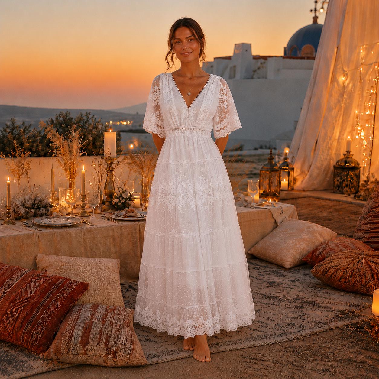 white beach maxi dress Boho Lace Dress, Summer Wedding Guest Dress, Vacation Outfit, Bohemian Maxi Dress, Elegant Resort Wear Color:Azure Gingham Chios Gauze Last one left ✨, baby yellow River fit with golden embroidery