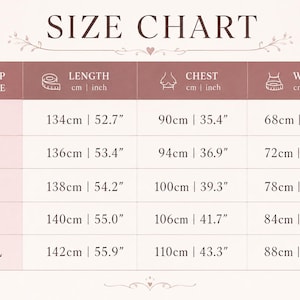 May include: A size chart table for clothing with a dusty rose header and white background. The table lists top sizes from S to XXL with corresponding length, chest, and waist measurements in both centimetres and inches. Icons for a dress, tape measure, chest, and waist are included.
