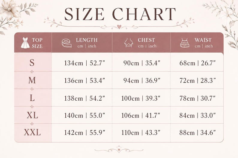 May include: A size chart table for clothing with a dusty rose header and white background. The table lists top sizes from S to XXL with corresponding length, chest, and waist measurements in both centimetres and inches. Icons for a dress, tape measure, chest, and waist are included.