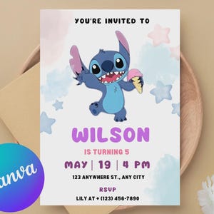 Editable Stitch Birthday Invitation Template, Printable Birthday Party Invitations, Digital Kids Party Invite Boys & Girls Bday Card Evite
