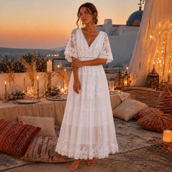 wedding guest dresses for a beach wedding Boho White Lace Maxi Dress, Summer Dress, Vacation Outfit, Bohemian Maxi Dress, Elegant Resort Wear Ecom Style:AP1E212986 Size:XL / 10 Beauty and the Beast