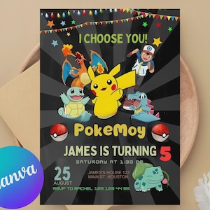 Pikachu Birthday Invitation, Kids Pokemone Birthday Invitation, Easy To Edit Birthday Invitation, Canva Template, Printable Invite, Download