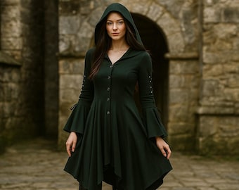 Medieval Hooded Dress, Gothic Halloween Dress, Renaissance Witchy Costume, Ren Faire Knee Length Dress, LARP Button-up Halloween Costume
