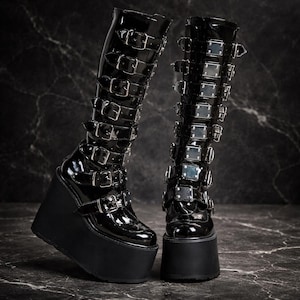 Gothic Platform High Heel Boots – Women’s Long Buckle Strap Cosplay Wedge Boots in Faux Leather