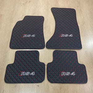 Alfombrillas de piel para Audi RS4 B8 (2008-2015). Diseño personalizado. Logotipo bordado personalizado. Patrón personalizado para tu vehículo.