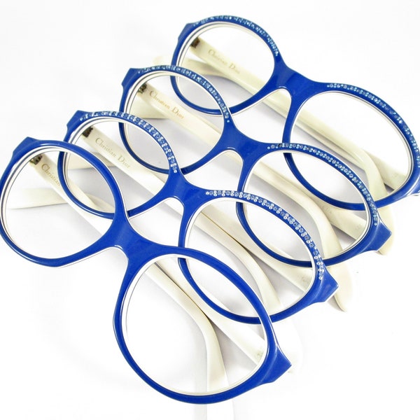 Vintage Christian Dior blue round eyeglasses 1970s women's rhinestone cat eye glasses retro mod new old stock NOS no lenses