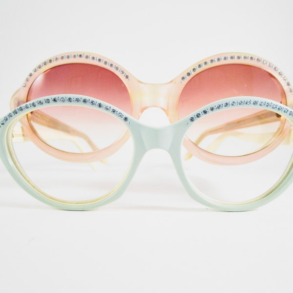 Vintage Christian Dior baby blue round eyeglasses 1970s 1960s womens rhinestone cat eye glasses retro mod sunglasses no lenses