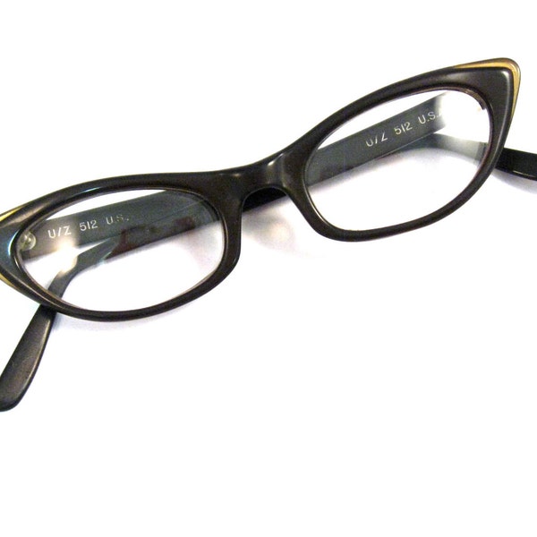 vintage cat eye glasses. brown with gold shimmer. 1950s retro U/Z brand.
