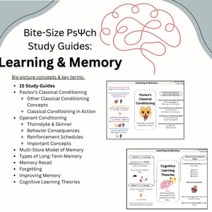 May include: A study guide titled "Bite-Size PsΨch Study Guides: Learning & Memory" with a red brain graphic. The guide lists topics including Pavlov's Classical Conditioning, Operant Conditioning, and Cognitive Learning Theories. The guide is designed for students.