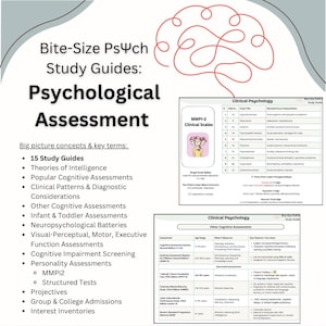 May include: A study guide titled "Psychological Assessment" with the text "Bite-Size PsΨch Study Guides." The guide lists topics such as cognitive assessments, personality assessments, and intelligence theories. A red brain graphic is in the upper right corner.