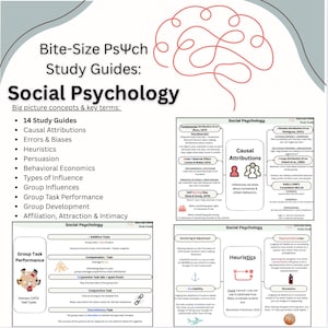 May include: A study guide titled "Bite-Size PsΨch Study Guides: Social Psychology" with key concepts and terms. The guide includes topics like causal attributions, heuristics, and group task performance. A red brain graphic is at the top.