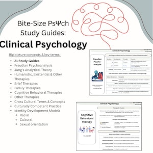 May include: A study guide titled "Clinical Psychology" with a red brain graphic. The guide lists topics such as Freudian psychoanalysis, cognitive behavioral therapies, and identity development models. The guide is designed to be "Bite-Size".