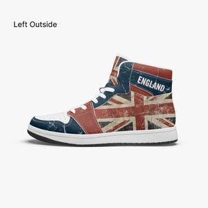 Distressed England Flag High Tops Sneakers Rustic National Flag Shoes Weathered-Look United Kingdom Flag Shoes UK Vintage-Inspired Sneakers