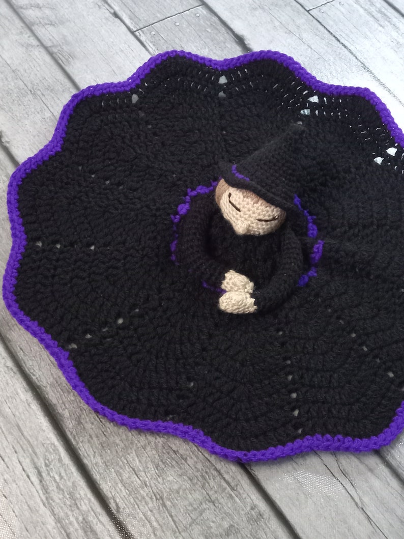 Witch Lovey, Security Blanket, Amigurumi, Black Purple, Dark Blonde, Light Brown, Nap Time, Blanket Blankie, Baby Witch, Halloween Gift image 2