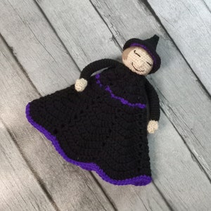 Witch Lovey, Security Blanket, Amigurumi, Black Purple, Dark Blonde, Light Brown, Nap Time, Blanket Blankie, Baby Witch, Halloween Gift image 3