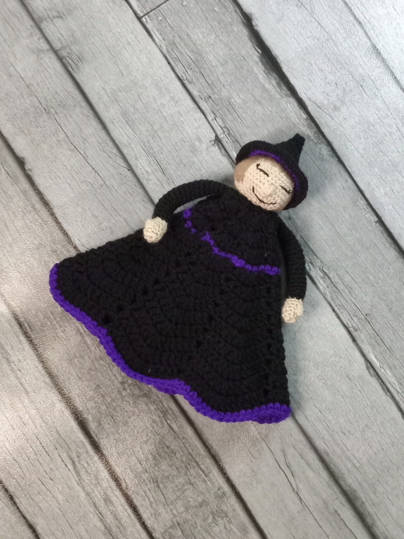 Witch Lovey, Security Blanket, Amigurumi, Black Purple, Dark Blonde, Light Brown, Nap Time, Blanket Blankie, Baby Witch, Halloween Gift image 3