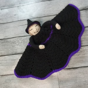 Witch Lovey, Security Blanket, Amigurumi, Black Purple, Dark Blonde, Light Brown, Nap Time, Blanket Blankie, Baby Witch, Halloween Gift image 5