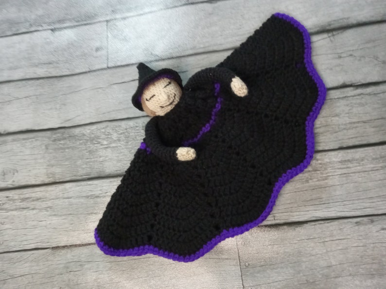 Witch Lovey, Security Blanket, Amigurumi, Black Purple, Dark Blonde, Light Brown, Nap Time, Blanket Blankie, Baby Witch, Halloween Gift image 5