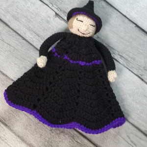 Witch Lovey, Security Blanket, Amigurumi, Black Purple, Dark Blonde, Light Brown, Nap Time, Blanket Blankie, Baby Witch, Halloween Gift image 1