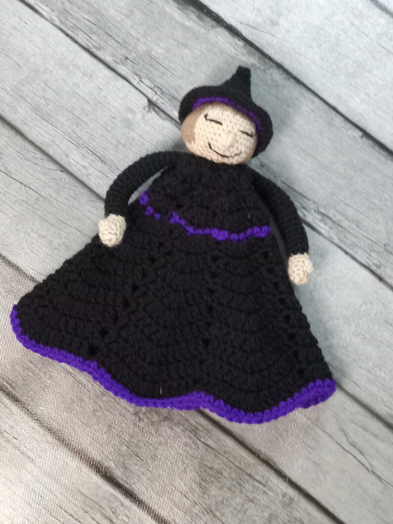 Witch Lovey, Security Blanket, Amigurumi, Black Purple, Dark Blonde, Light Brown, Nap Time, Blanket Blankie, Baby Witch, Halloween Gift image 1