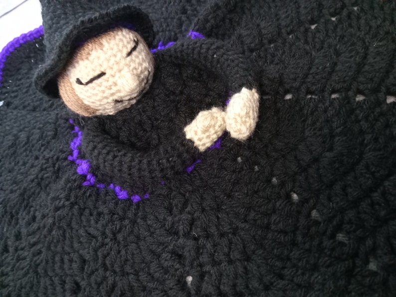 Witch Lovey, Security Blanket, Amigurumi, Black Purple, Dark Blonde, Light Brown, Nap Time, Blanket Blankie, Baby Witch, Halloween Gift image 6