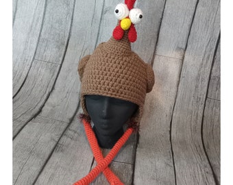 Rooster Hat, Chicken, Fowl, Bird Beanie, Cock Chook, Gift for Farmer Rancher, Halloween Costume, Warm Winter,