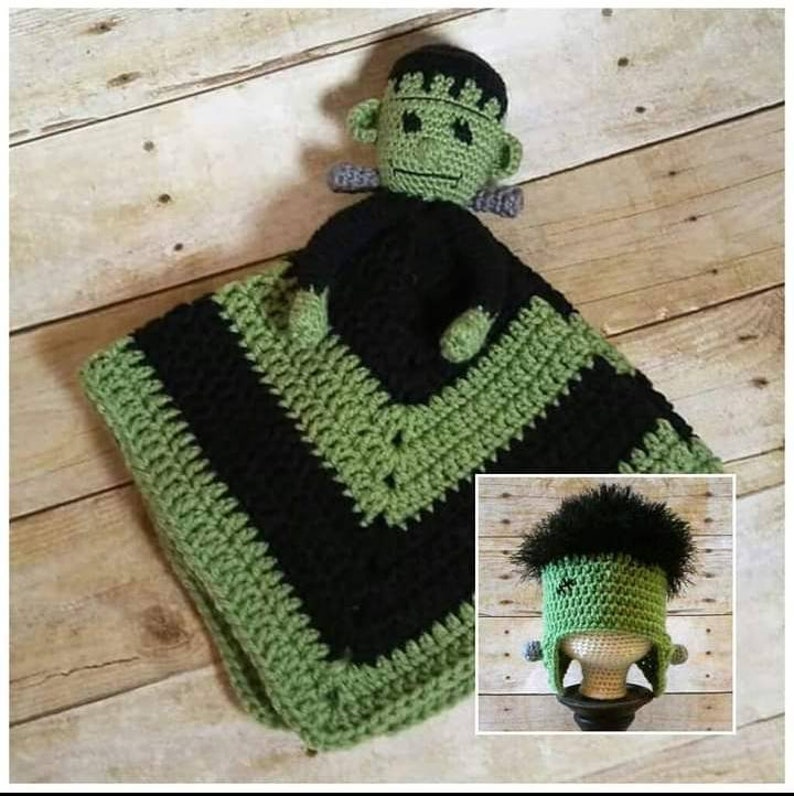 Frankenstein Security Blanket, Spooky Lovey, Frankensteins Monster, Classic Horror Movie Monster, Newborn Prop, Alt Gothic Baby, Punk Rock image 4