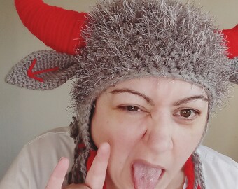 Krampus Beanie, Red Devil Horns, Gray Fuzzy Beanie, Faux Fur, Grey Red Fringe, Zodiac Taurus, Christmas Yule Holiday, Solstice Celebration