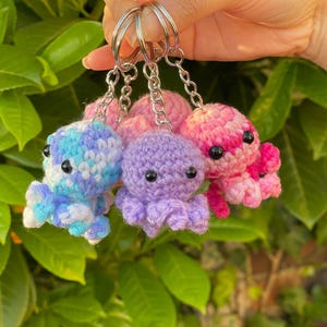 May include: A selection of crochet octopus keyrings in shades of blue, purple, pink, and white. Each octopus has black safety eyes and is attached to a silver keyring. The background shows green leaves.