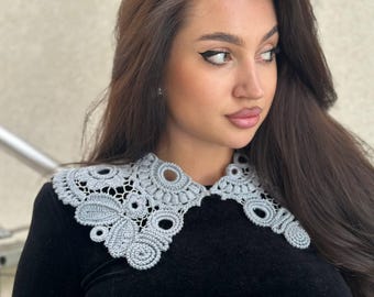 Cuello de encaje gris desmontable, cuello de ganchillo irlandés, escote minimalista llamativo, cuello de algodón hecho a mano, accesorio de atuendo moderno vintage