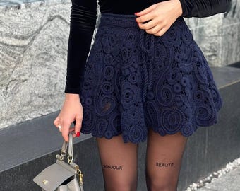 Irish Lace Mini Skirt − Handmade Crochet Skirt in Author’s Design | LUSI Handmade Wool Blend Skirt, Elegant Textured Crochet Fashion