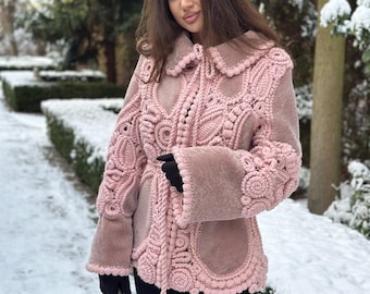 Handmade Pink Crochet Shearling Jacket – Luxury Wool Blend Winter Coat with Silk Lining, Elegant Warm Outerwear for Women