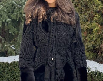 Black Crochet Shearling Jacket – Luxury Irish Lace Coat in Genuine Sheepskin & Wool, Hand-Crocheted Statement Outerwear